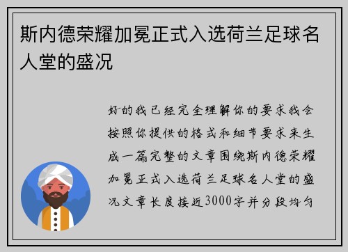 斯内德荣耀加冕正式入选荷兰足球名人堂的盛况 斯内德荣耀加冕正式入选荷兰足球名人堂的盛况
